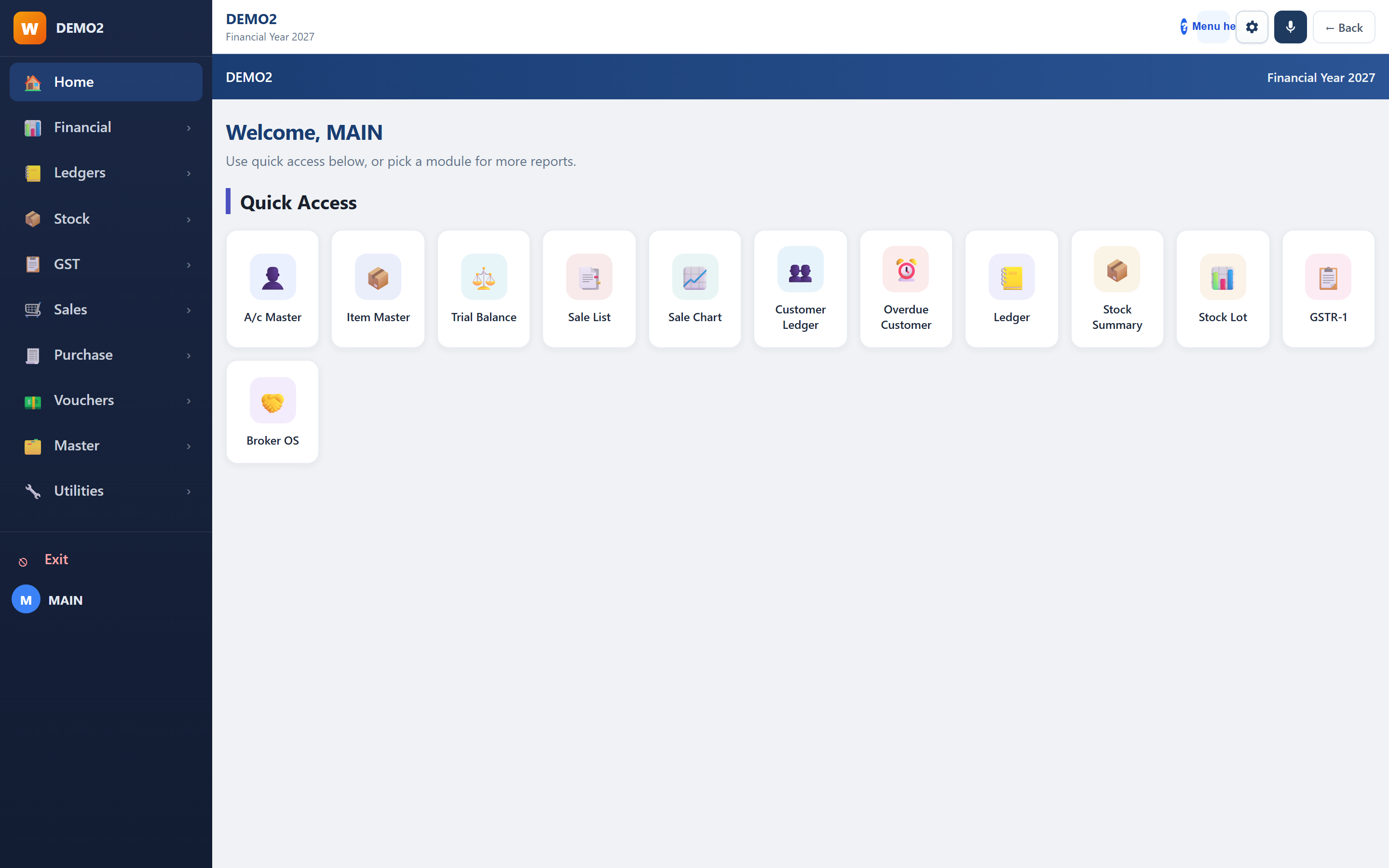 FAS Accounting Software dashboard with quick access to A/c Master, Item Master, Trial Balance, Sale List, Customer Ledger and more