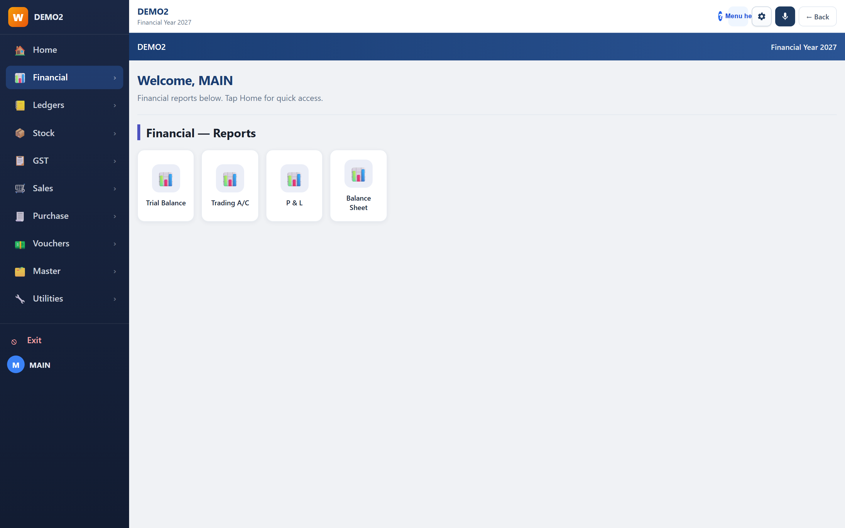Financial reports module showing Trial Balance, Trading A/C, Profit & Loss and Balance Sheet